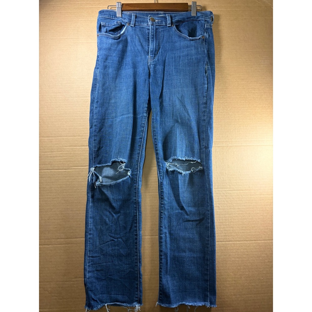 Levis Classic Straight Jeans Womens 6 Blue‎ Distressed Ripped Knee Raw Hem Denim